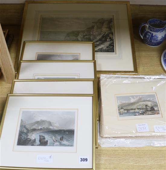 Five assorted framed steel engravings, views on the Kent and Sussex coast and a group of unframed engravings, largest 22 x 34cm